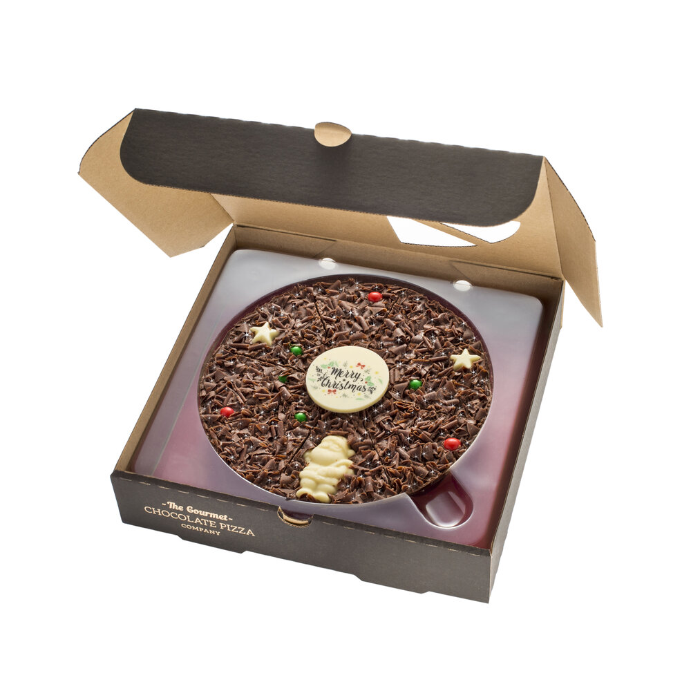 7 inch Christmas Chocolate Pizza will be delivered in a black stylish pizza box with a festive wrap-around sleeve.